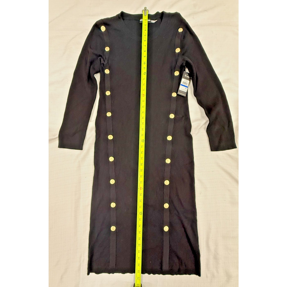NWT Karl Lagerfeld Paris XL Black Ribbed Sweater Dress Gold Button Trim Midi - Picture 6 of 9